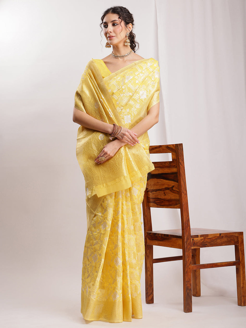 Janasya Yellow Linen Blend Geometric Jacquard Saree - Distacart
