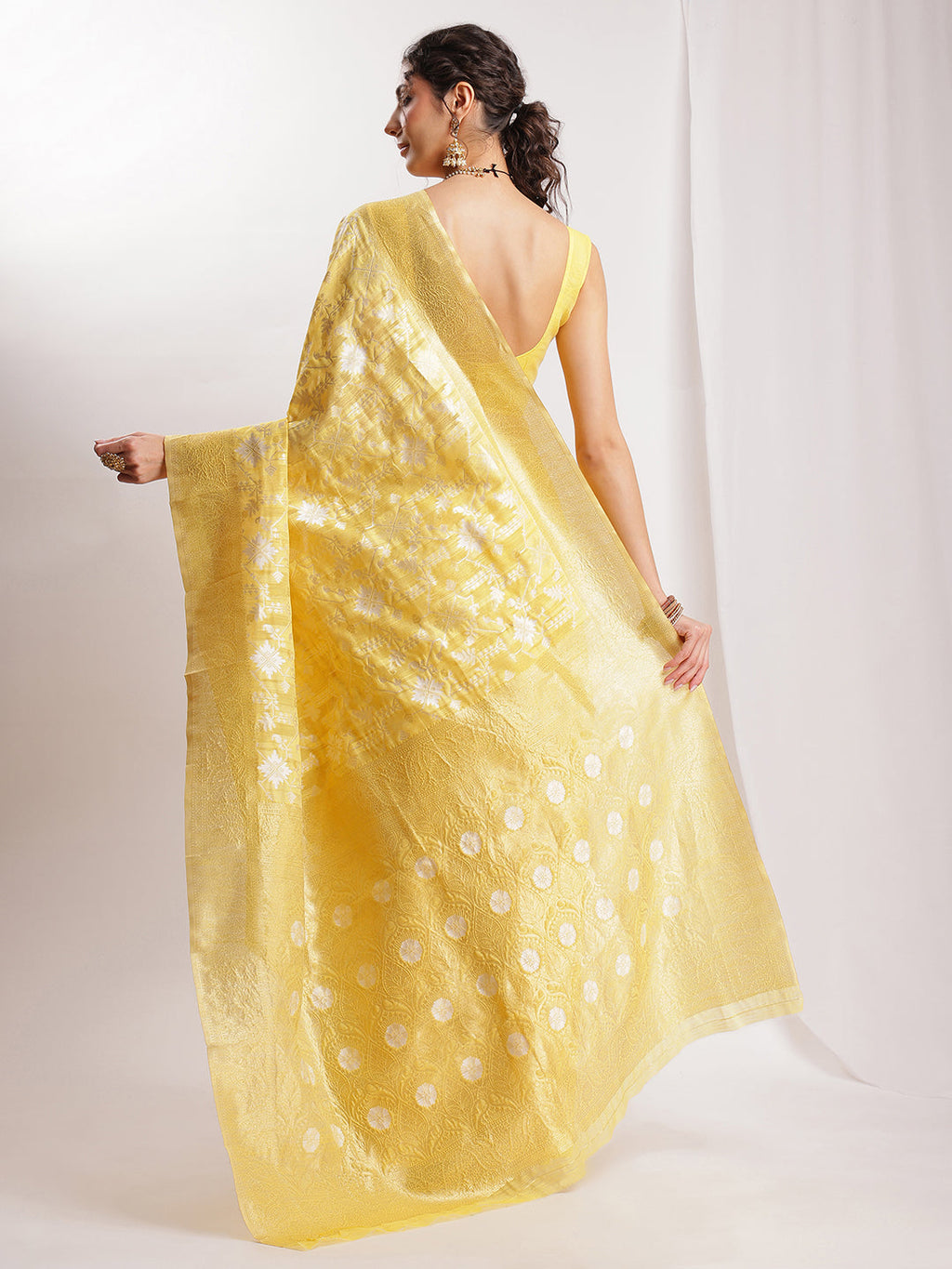 Janasya Yellow Linen Blend Geometric Jacquard Saree - Distacart