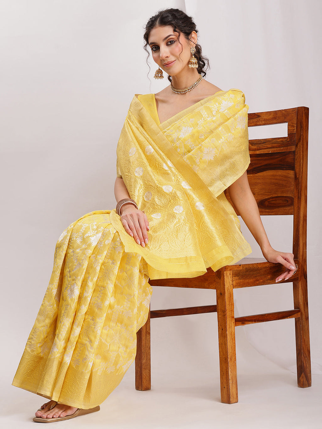 Janasya Yellow Linen Blend Geometric Jacquard Saree - Distacart