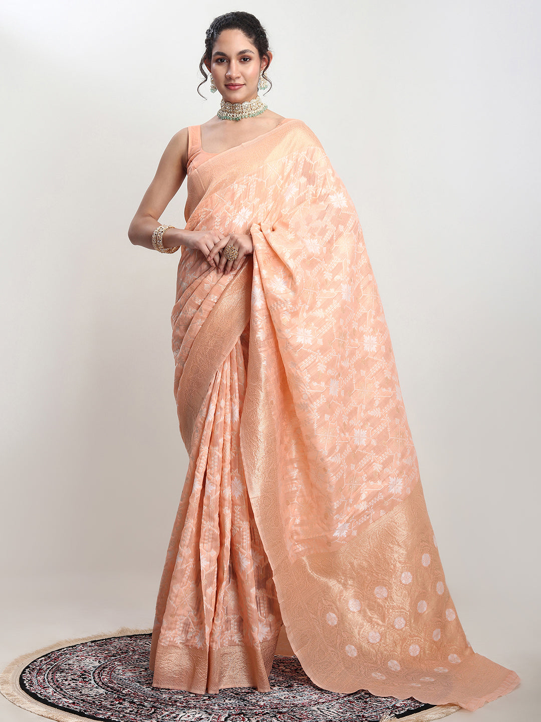 Janasya Orange Linen Blend Geometric Jacquard Saree - Distacart