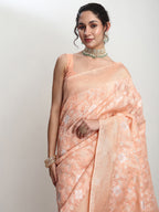 Janasya Orange Linen Blend Geometric Jacquard Saree - Distacart