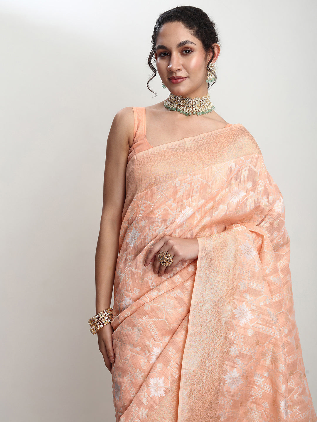 Janasya Orange Linen Blend Geometric Jacquard Saree - Distacart