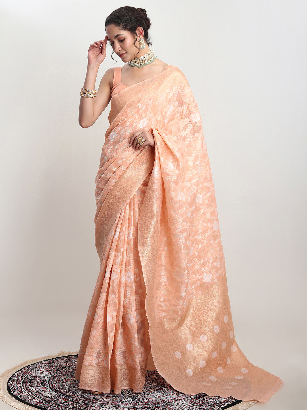Janasya Orange Linen Blend Geometric Jacquard Saree - Distacart