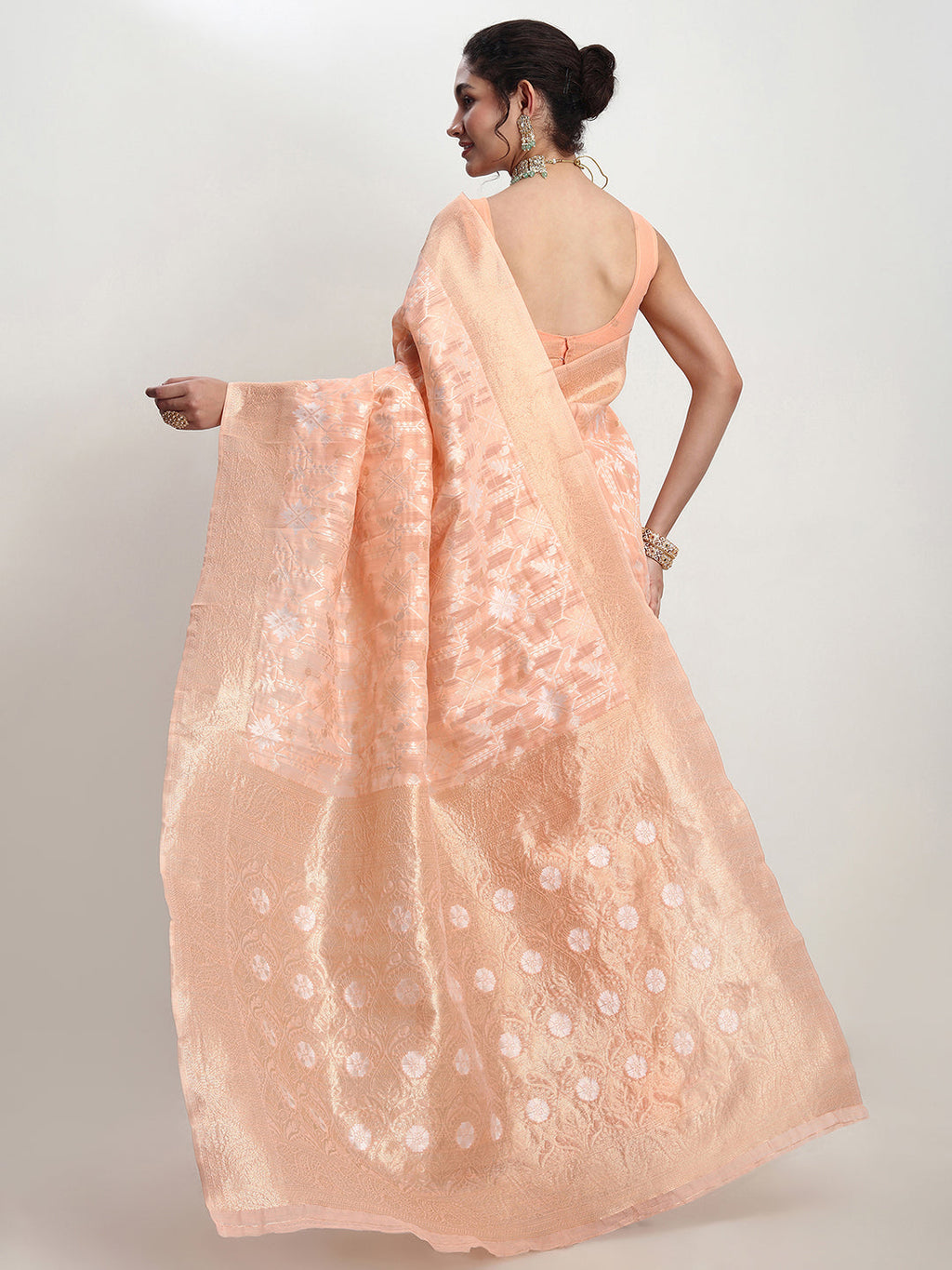 Janasya Orange Linen Blend Geometric Jacquard Saree - Distacart