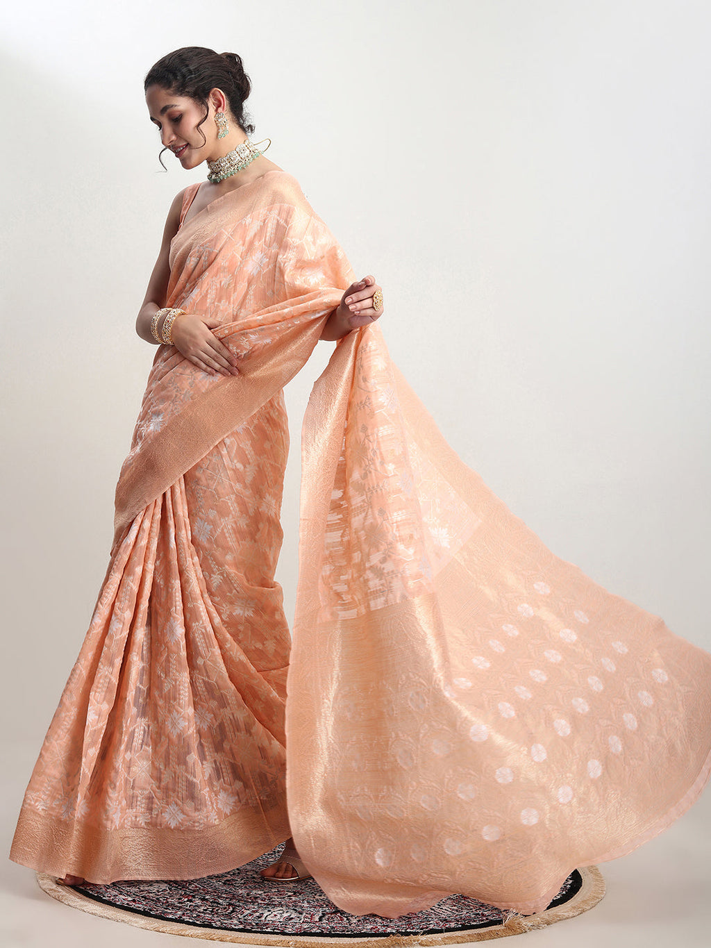 Janasya Orange Linen Blend Geometric Jacquard Saree - Distacart