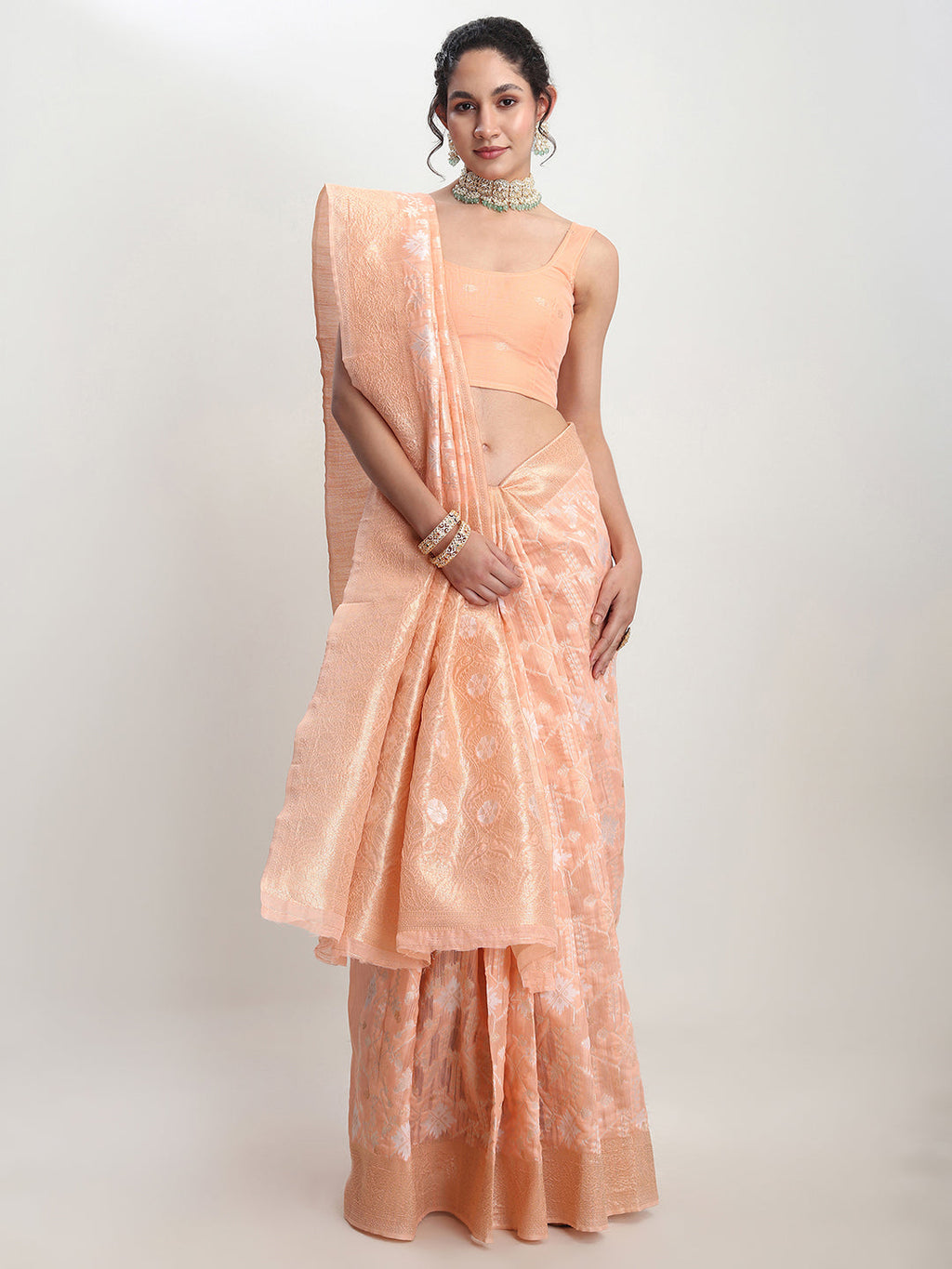 Janasya Orange Linen Blend Geometric Jacquard Saree - Distacart