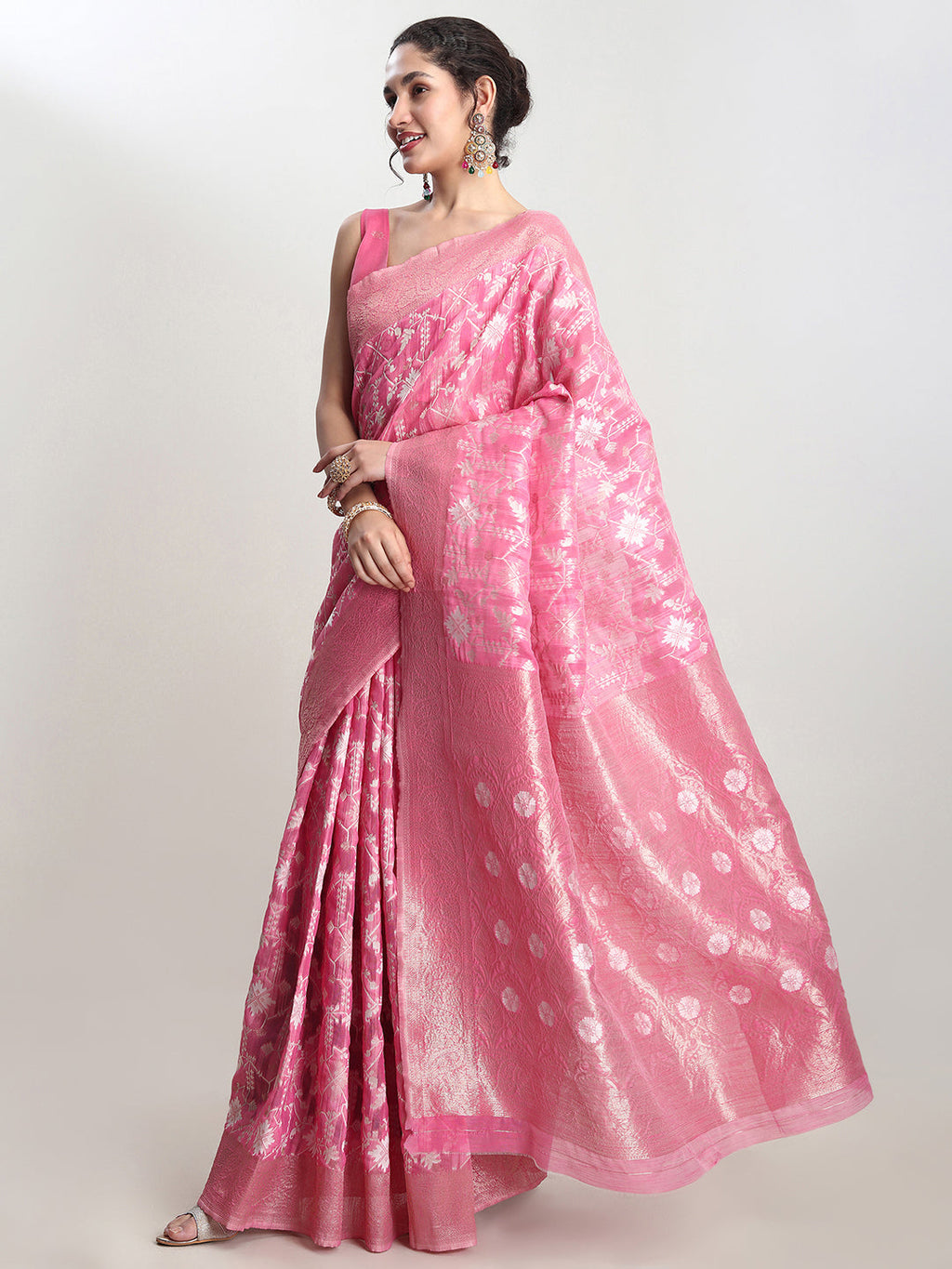 Janasya Pink Linen Blend Geometric Jacquard Saree - Distacart