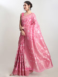 Janasya Pink Linen Blend Geometric Jacquard Saree - Distacart