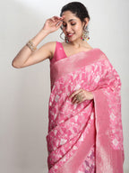 Janasya Pink Linen Blend Geometric Jacquard Saree - Distacart