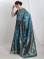 Janasya Blue Silk Blend Floral Jacquard Saree - Distacart