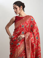 Janasya Red Silk Blend Floral Jacquard Saree - Distacart
