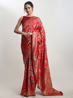Janasya Red Silk Blend Floral Jacquard Saree - Distacart