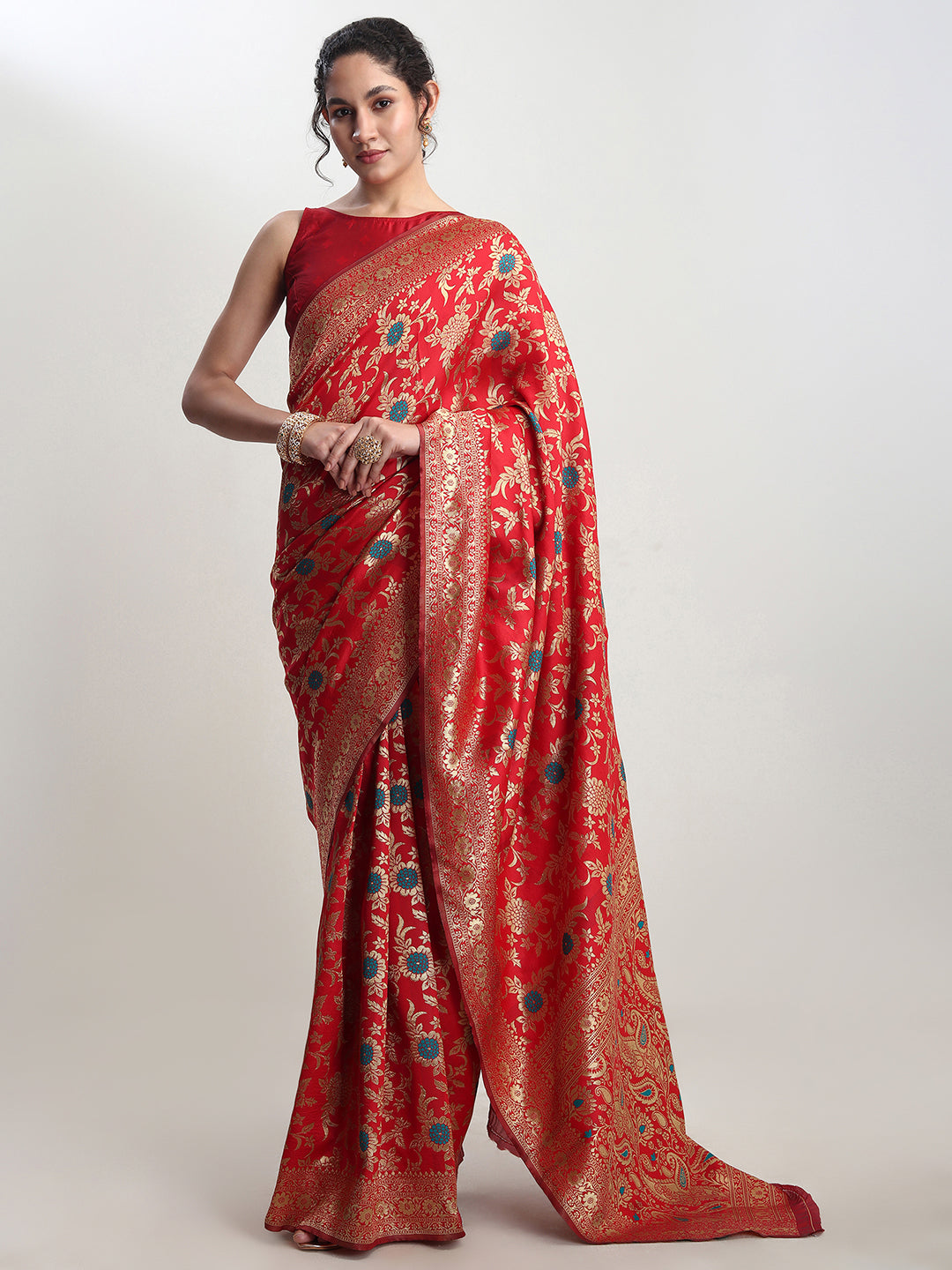 Janasya Red Silk Blend Floral Jacquard Saree - Distacart