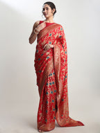 Janasya Red Silk Blend Floral Jacquard Saree - Distacart