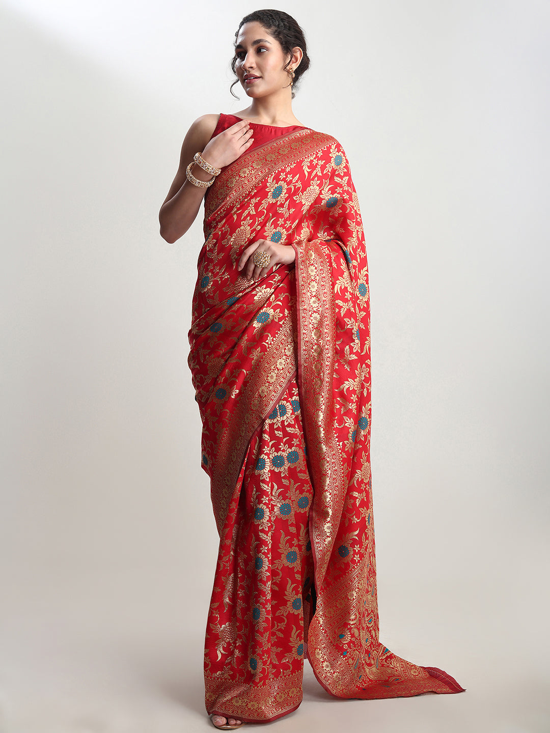Janasya Red Silk Blend Floral Jacquard Saree - Distacart