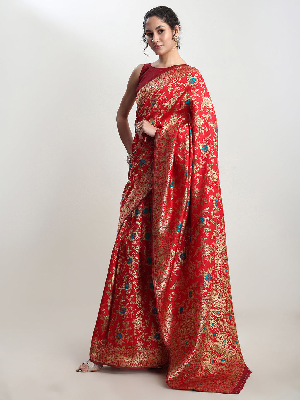 Janasya Red Silk Blend Floral Jacquard Saree - Distacart
