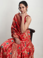 Janasya Red Silk Blend Floral Jacquard Saree - Distacart