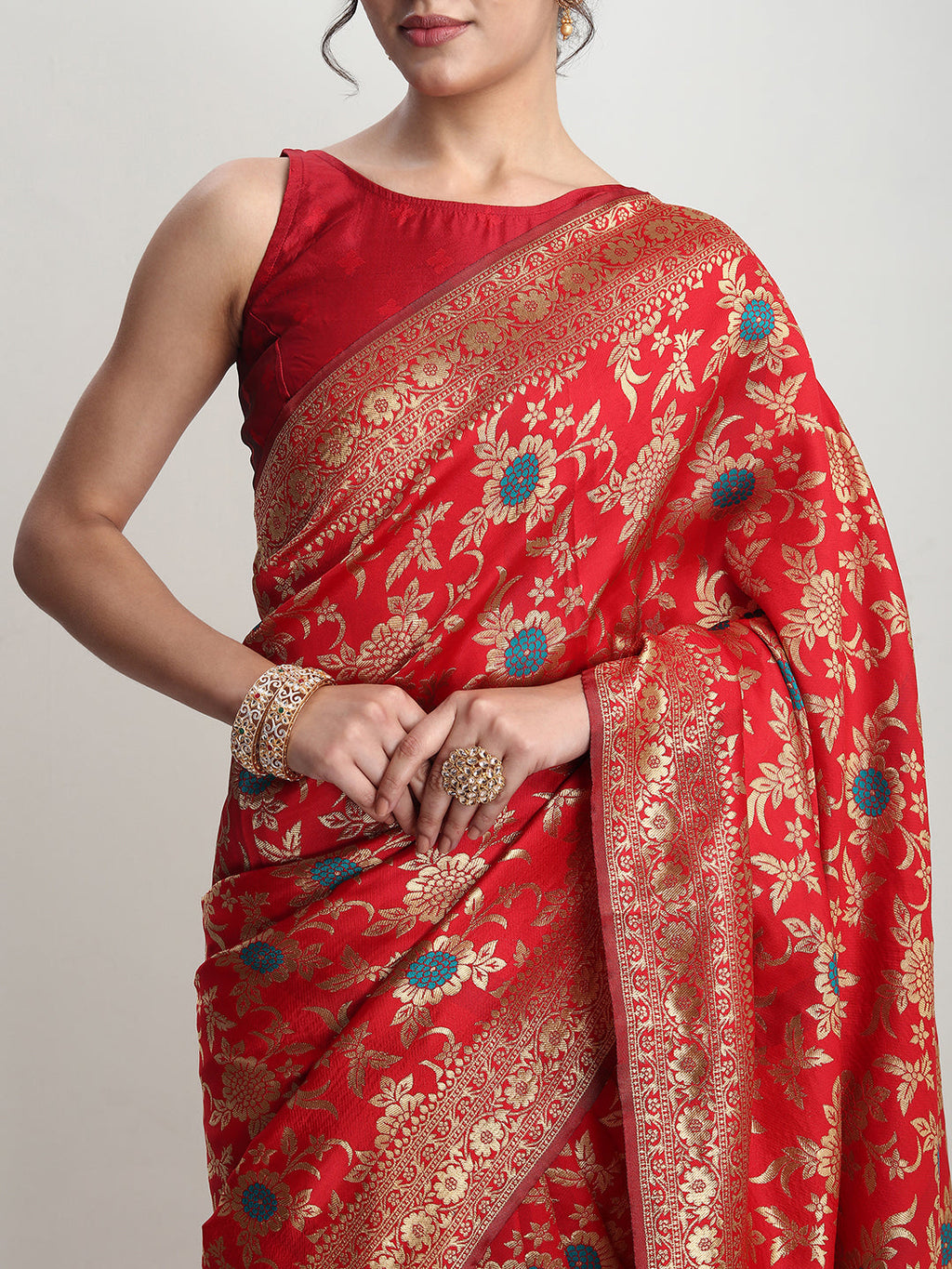 Janasya Red Silk Blend Floral Jacquard Saree - Distacart
