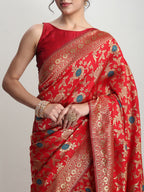 Janasya Red Silk Blend Floral Jacquard Saree - Distacart