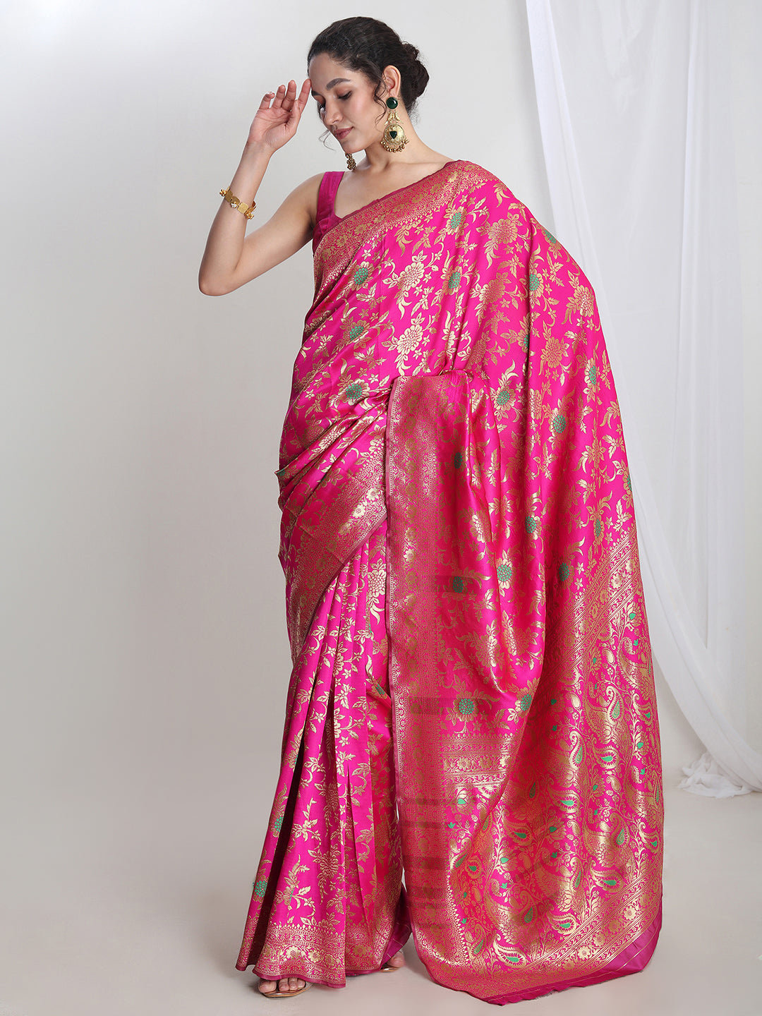 Janasya Pink Silk Blend Floral Jacquard Saree - Distacart