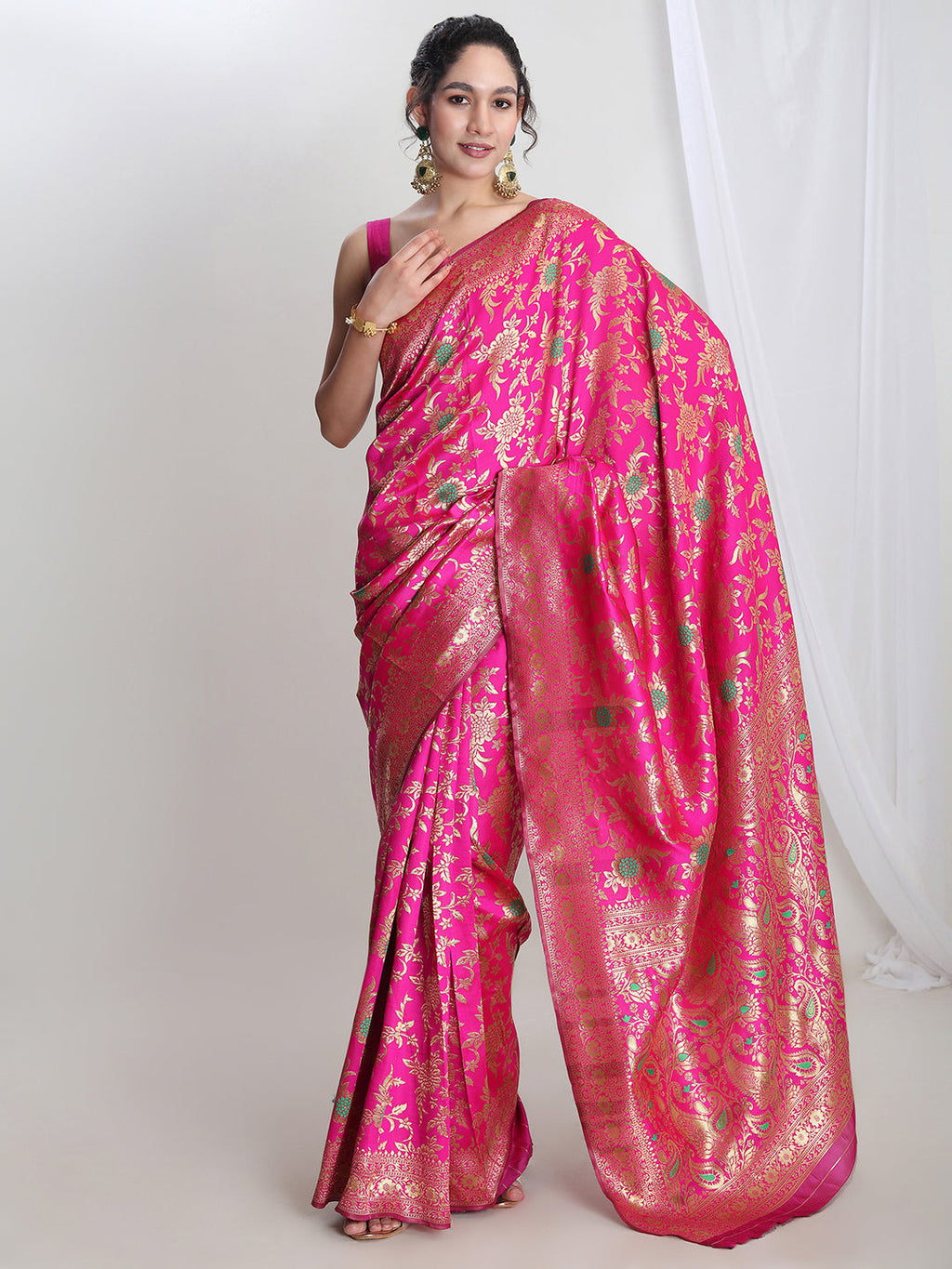 Janasya Pink Silk Blend Floral Jacquard Saree - Distacart