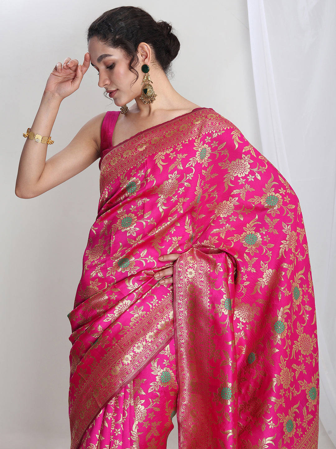 Janasya Pink Silk Blend Floral Jacquard Saree - Distacart