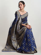 Janasya Blue Silk Blend Floral Jacquard Saree - Distacart