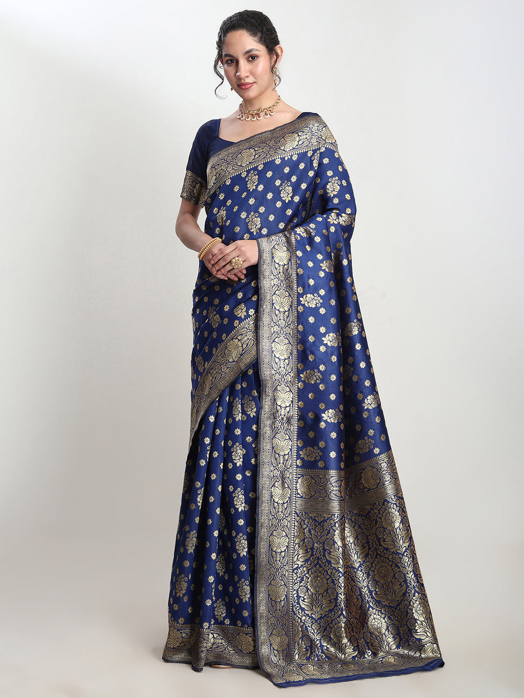 Janasya Blue Silk Blend Floral Jacquard Saree - Distacart