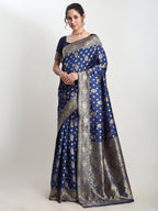 Janasya Blue Silk Blend Floral Jacquard Saree - Distacart