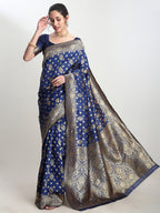 Janasya Blue Silk Blend Floral Jacquard Saree - Distacart