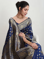 Janasya Blue Silk Blend Floral Jacquard Saree - Distacart