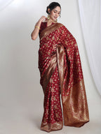Janasya Maroon Silk Blend Floral Jacquard Saree - Distacart