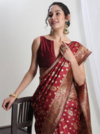 Janasya Maroon Silk Blend Floral Jacquard Saree - Distacart