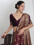 Janasya Purple Silk Blend Floral Jacquard Saree - Distacart