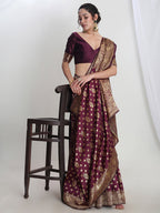 Janasya Purple Silk Blend Floral Jacquard Saree - Distacart