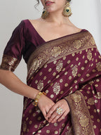 Janasya Purple Silk Blend Floral Jacquard Saree - Distacart