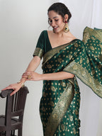 Janasya Green Silk Blend Floral Jacquard Saree - Distacart