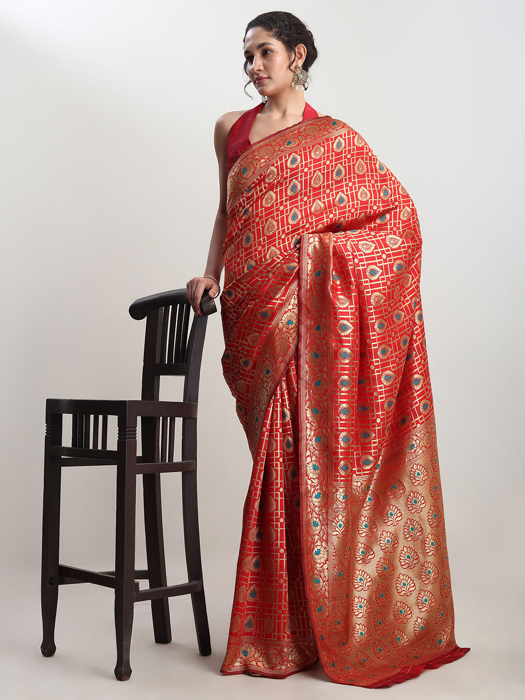 Janasya Red Silk Blend Ethnic Motifs Jacquard Saree - Distacart