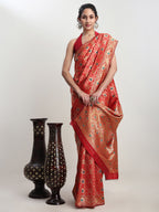 Janasya Red Silk Blend Ethnic Motifs Jacquard Saree - Distacart