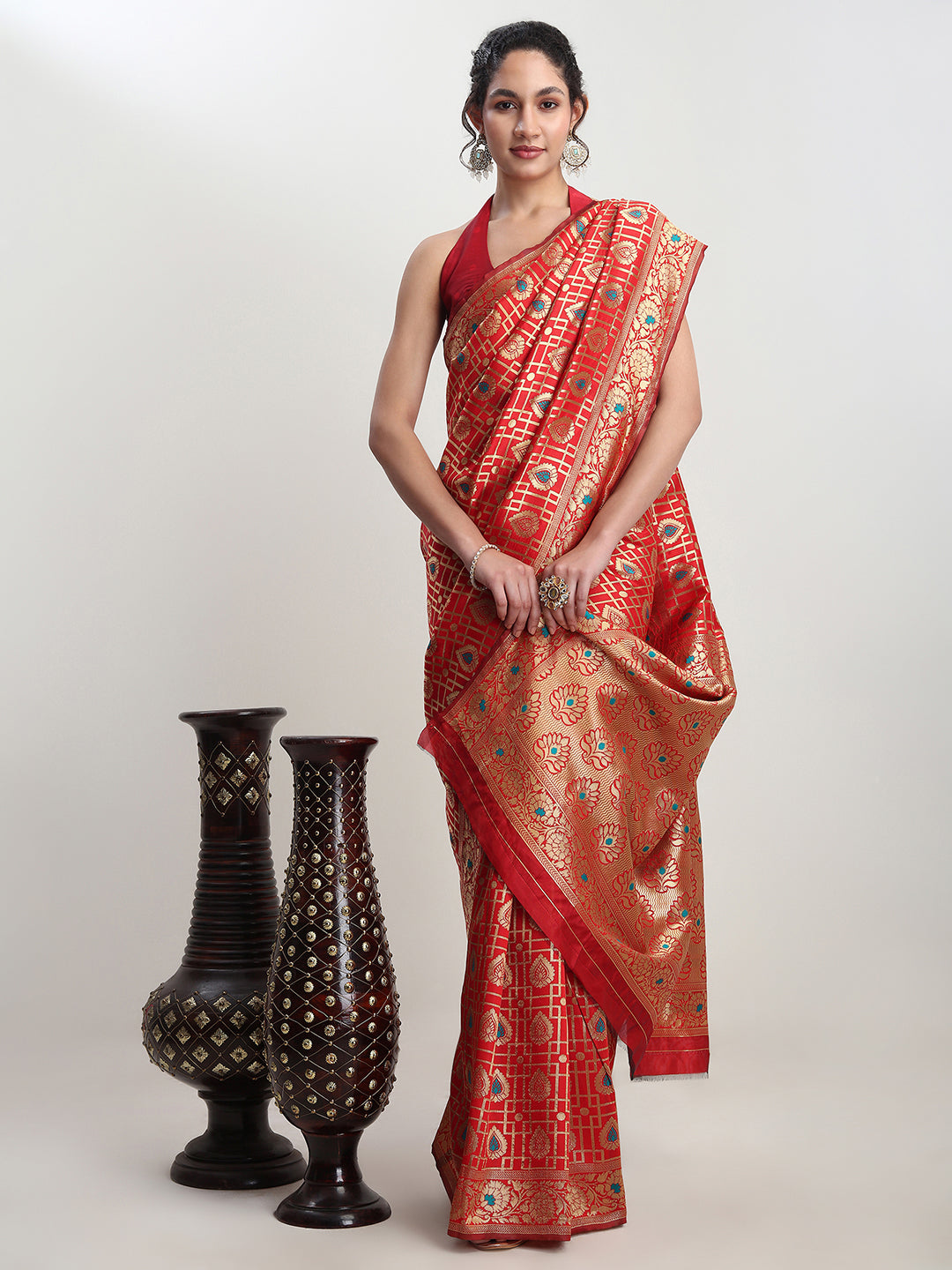 Janasya Red Silk Blend Ethnic Motifs Jacquard Saree - Distacart