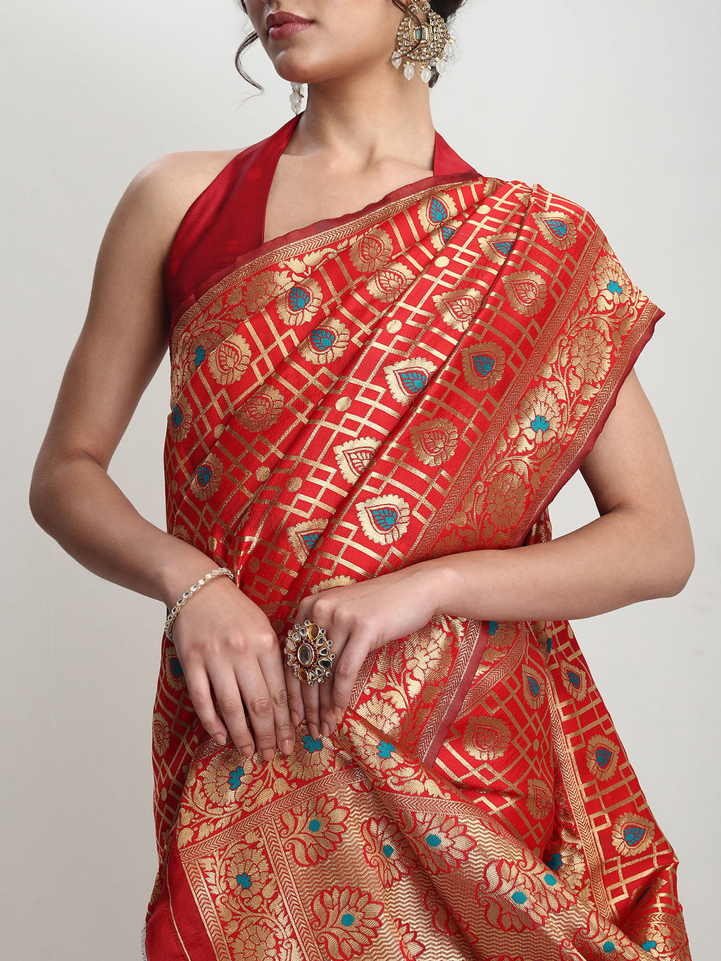 Janasya Red Silk Blend Ethnic Motifs Jacquard Saree - Distacart