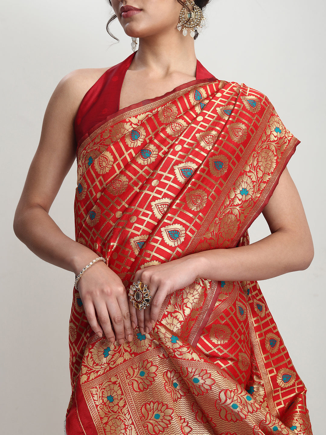 Janasya Red Silk Blend Ethnic Motifs Jacquard Saree - Distacart