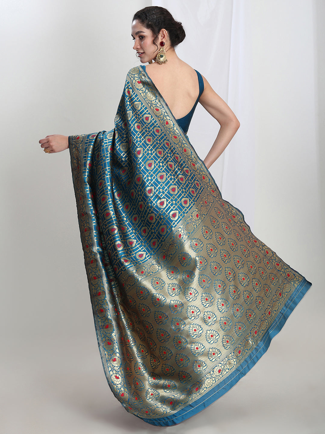 Janasya Teal Blue Silk Blend Ethnic Motifs Jacquard Saree - Distacart