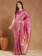 Janasya Pink Silk Blend Ethnic Motifs Jacquard Saree - Distacart