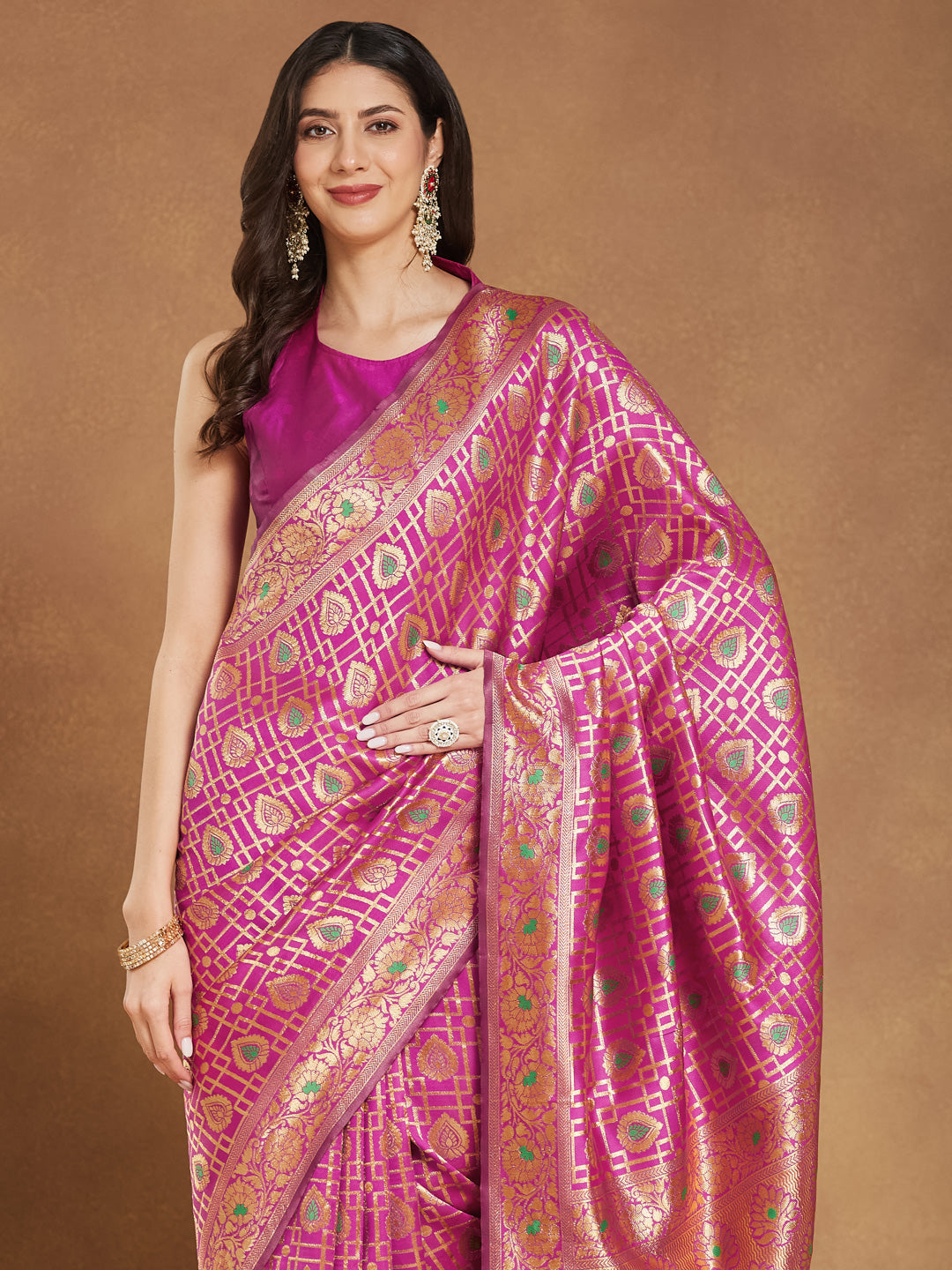 Janasya Pink Silk Blend Ethnic Motifs Jacquard Saree - Distacart