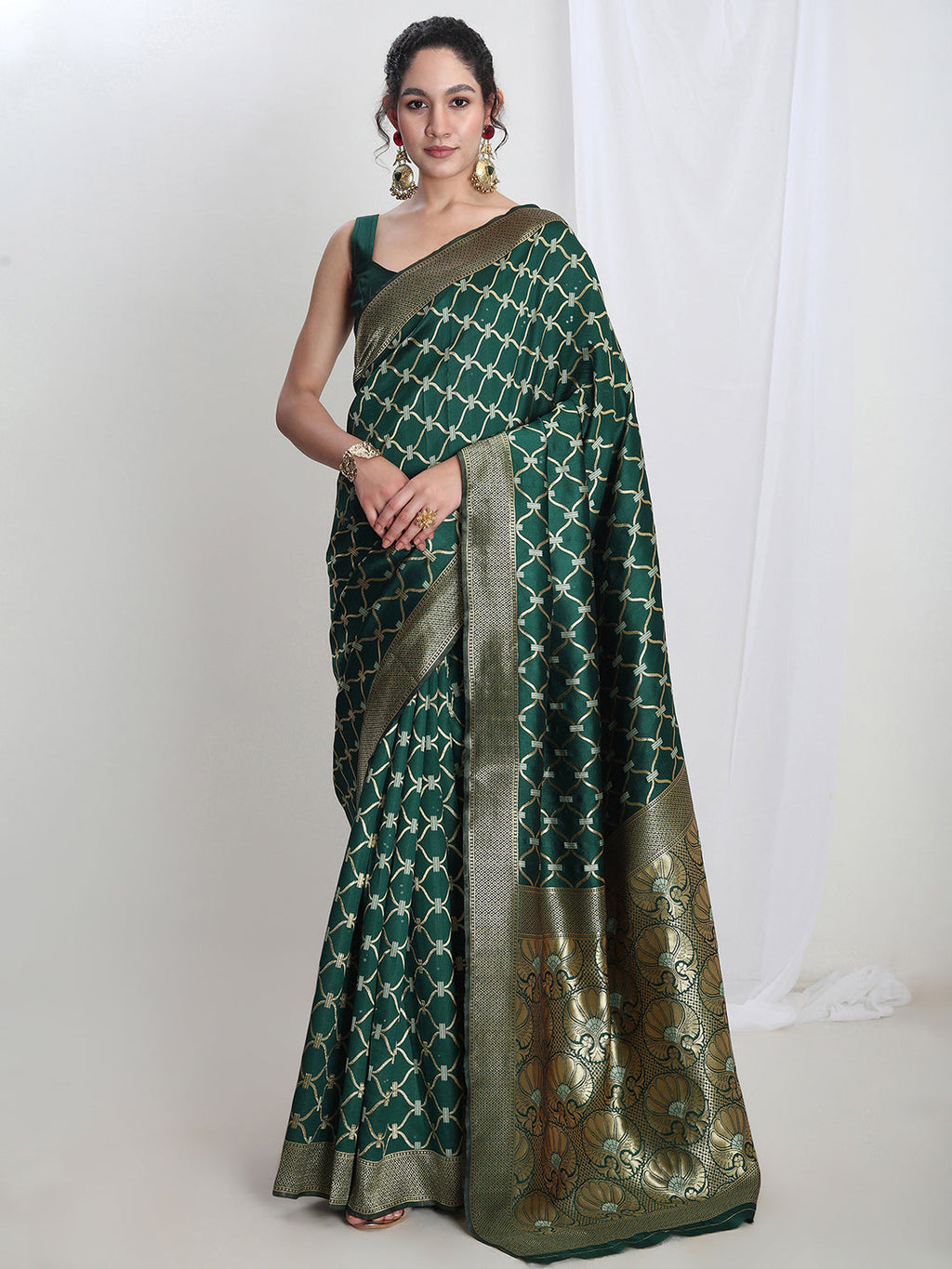 Janasya Green Silk Blend Ethnic Printed Jacquard Saree - Distacart