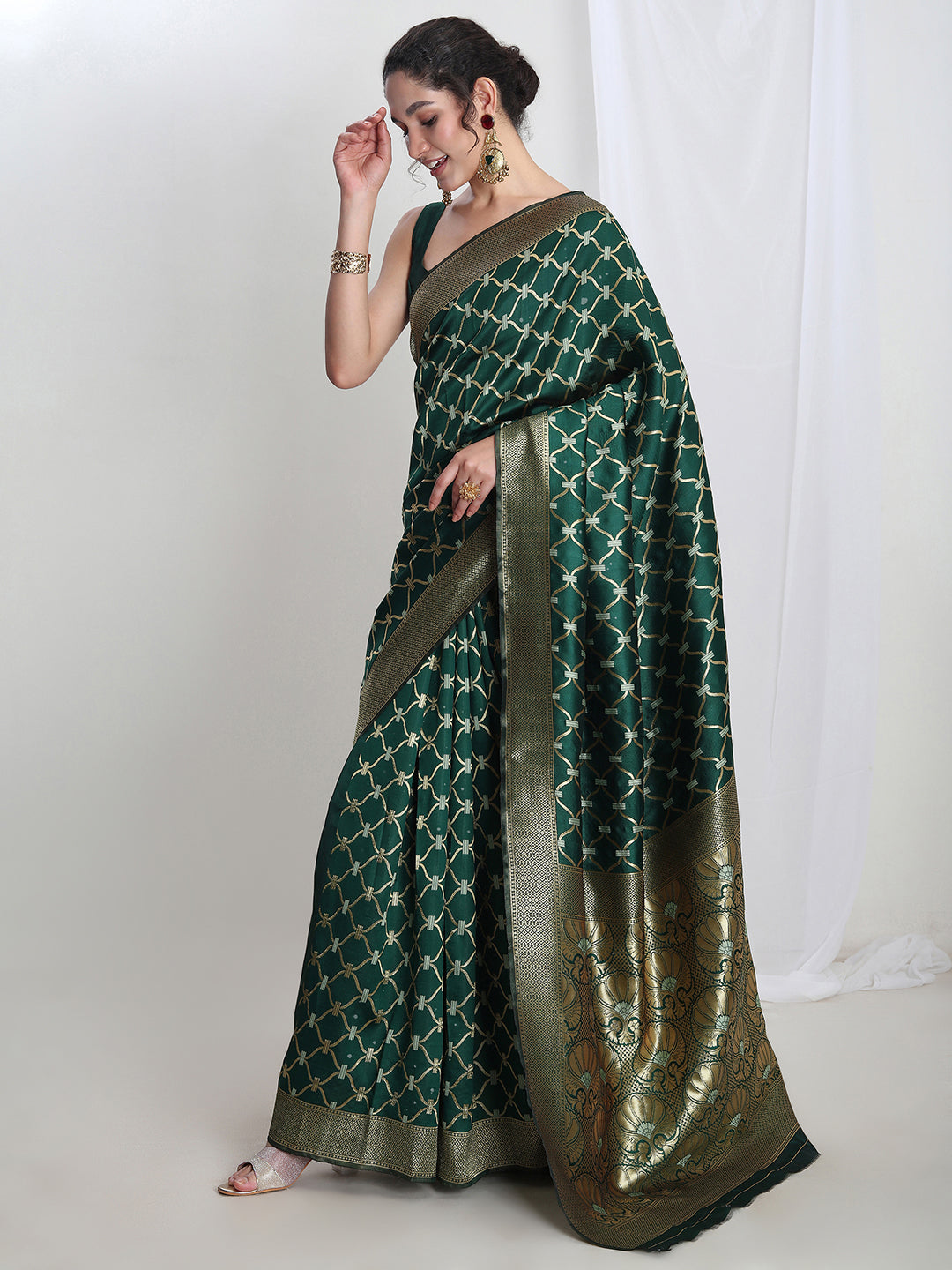 Janasya Green Silk Blend Ethnic Printed Jacquard Saree - Distacart