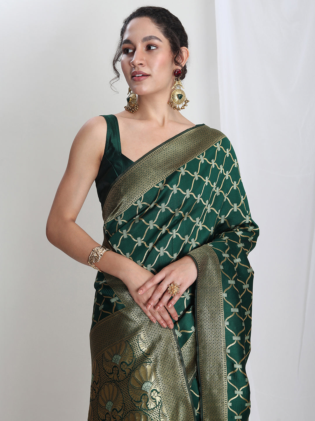 Janasya Green Silk Blend Ethnic Printed Jacquard Saree - Distacart