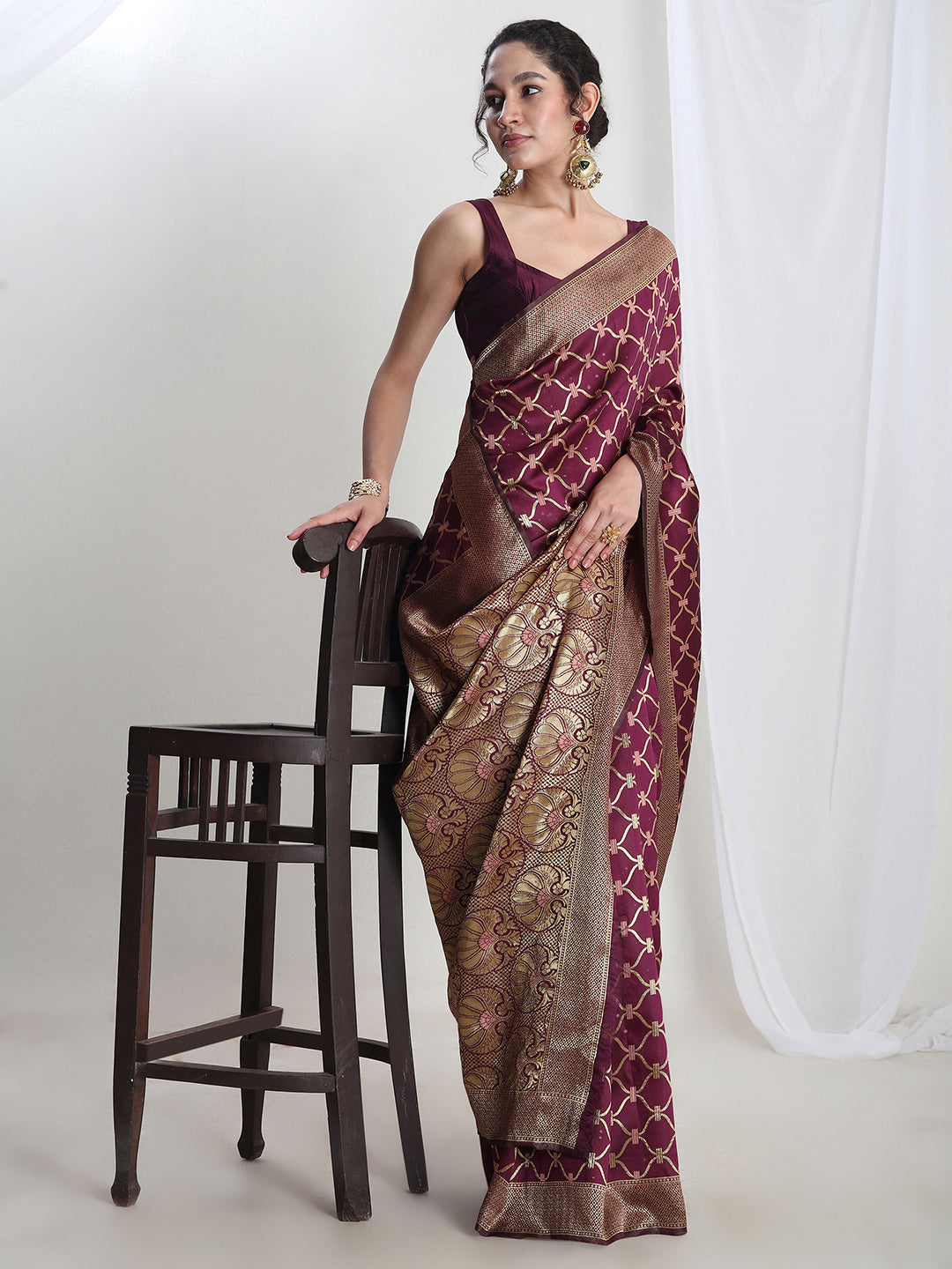 Janasya Purple Silk Blend Ethnic Printed Jacquard Saree - Distacart