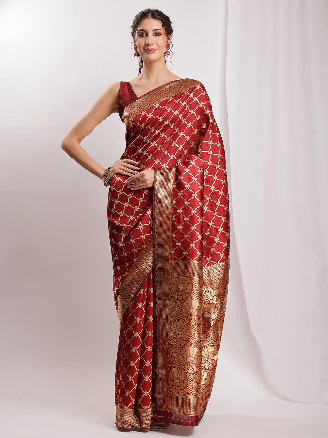Janasya Maroon Silk Blend Ethnic Jacquard Saree - Distacart